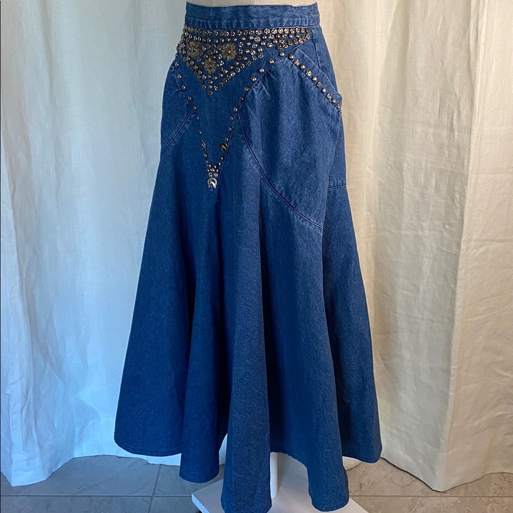 Vintage Denim Floral Beaded Embellished Skirt - Picture 6 of 10